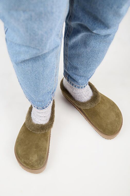 Manijero Haki Kadın Deri - Kürklü Terlik MNJ.180.04 - Görsel 8