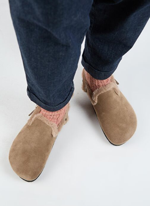 Manijero (Holly 2 Kürklü) Kadın Hakiki Deri Kemerli Tokalı Sabo Vizon Sandalet - Görsel 8