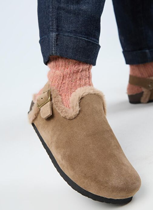 Manijero (Holly 2 Kürklü) Kadın Hakiki Deri Kemerli Tokalı Sabo Vizon Sandalet - Görsel 5