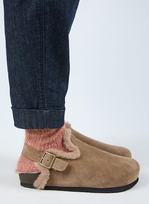 Manijero (Holly 2 Kürklü) Kadın Hakiki Deri Kemerli Tokalı Sabo Vizon Sandalet - Görsel 2