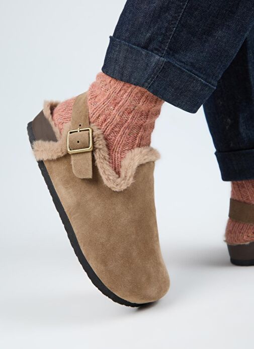 Manijero (Holly 2 Kürklü) Kadın Hakiki Deri Kemerli Tokalı Sabo Vizon Sandalet - Görsel 6