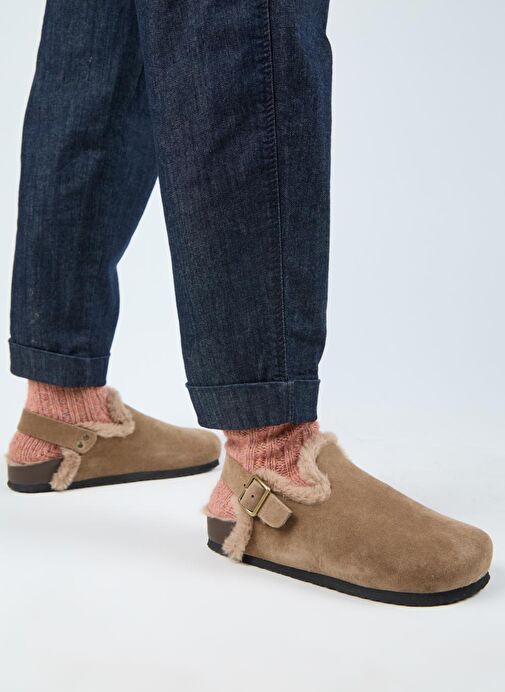 Manijero (Holly 2 Kürklü) Kadın Hakiki Deri Kemerli Tokalı Sabo Vizon Sandalet - Görsel 7