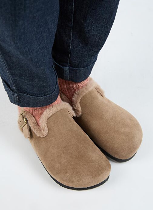 Manijero (Holly 2 Kürklü) Kadın Hakiki Deri Kemerli Tokalı Sabo Vizon Sandalet - Görsel 3