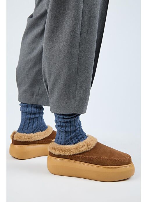 Manijero (Bazin Kürklü) Kadın Hakiki Deri Sabo Kürklü Platform Taba Terlik - Görsel 2