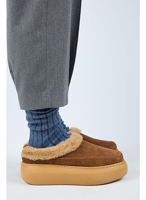 Manijero (Bazin Kürklü) Kadın Hakiki Deri Sabo Kürklü Platform Taba Terlik - Görsel 3