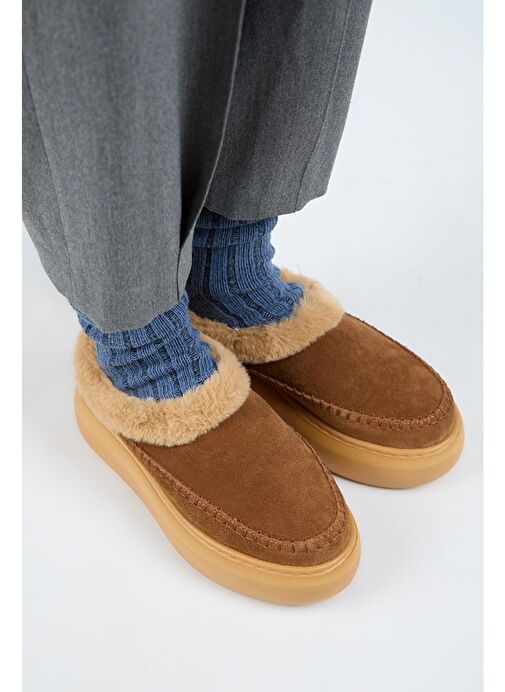 Manijero (Bazin Kürklü) Kadın Hakiki Deri Sabo Kürklü Platform Taba Terlik - Görsel 4