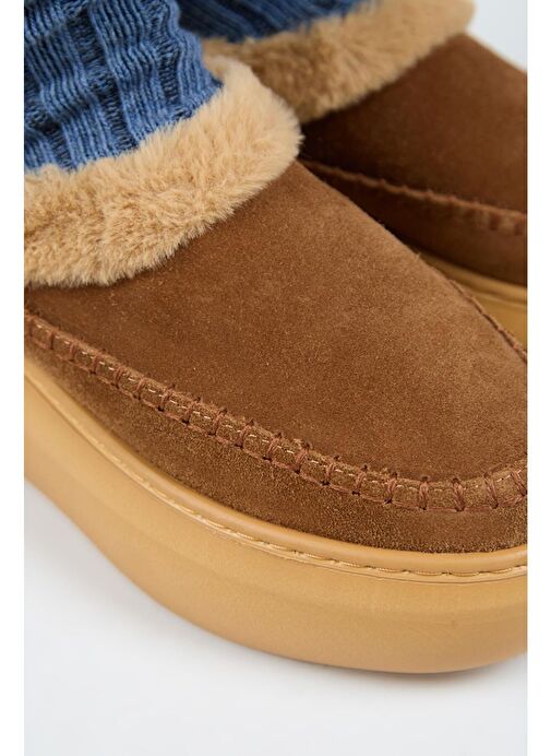 Manijero (Bazin Kürklü) Kadın Hakiki Deri Sabo Kürklü Platform Taba Terlik - Görsel 5