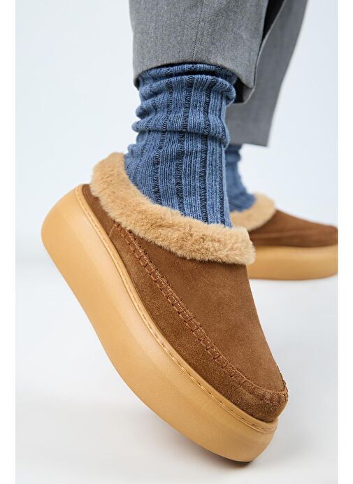 Manijero (Bazin Kürklü) Kadın Hakiki Deri Sabo Kürklü Platform Taba Terlik - Görsel 6