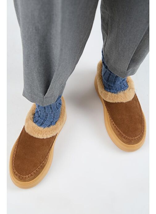 Manijero (Bazin Kürklü) Kadın Hakiki Deri Sabo Kürklü Platform Taba Terlik - Görsel 7