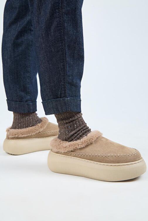 Manijero (Bazin Kürklü) Kadın Hakiki Deri Sabo Kürklü Platform Vizon Terlik - Görsel 2