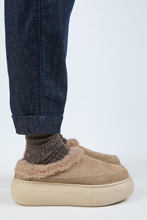 Manijero (Bazin Kürklü) Kadın Hakiki Deri Sabo Kürklü Platform Vizon Terlik - Görsel 3