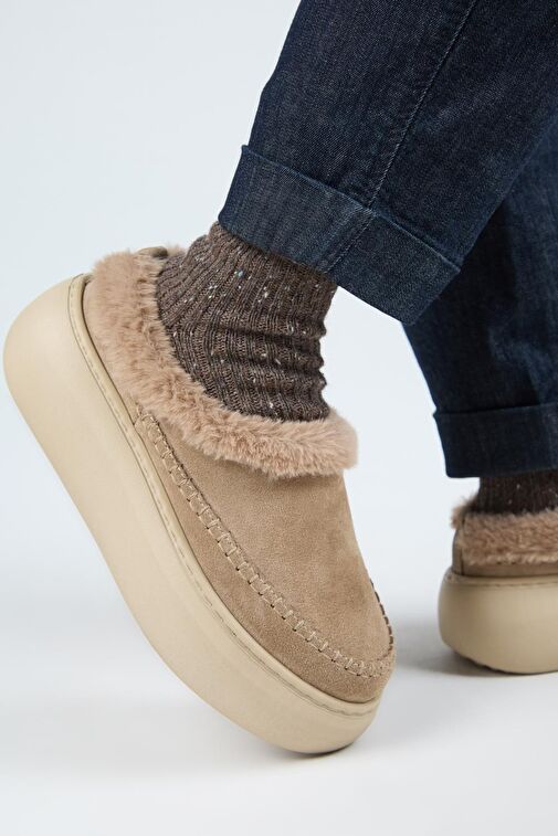 Manijero (Bazin Kürklü) Kadın Hakiki Deri Sabo Kürklü Platform Vizon Terlik - Görsel 6