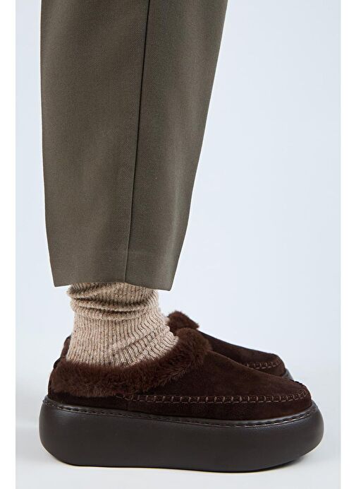 Manijero (Bazin Kürklü) Kadın Hakiki Deri Sabo Kürklü Platform Kahve Terlik - Görsel 2