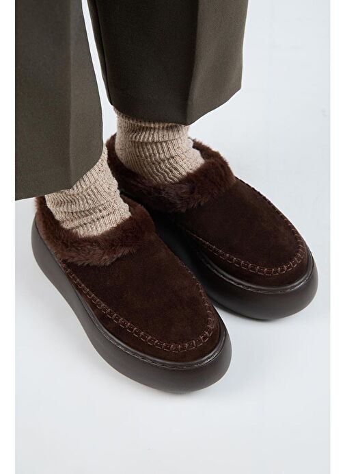 Manijero (Bazin Kürklü) Kadın Hakiki Deri Sabo Kürklü Platform Kahve Terlik - Görsel 3