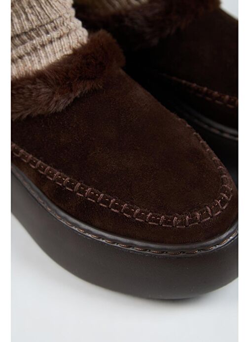 Manijero (Bazin Kürklü) Kadın Hakiki Deri Sabo Kürklü Platform Kahve Terlik - Görsel 4