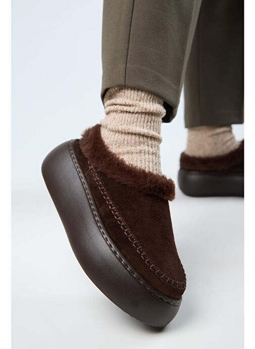 Manijero (Bazin Kürklü) Kadın Hakiki Deri Sabo Kürklü Platform Kahve Terlik - Görsel 5