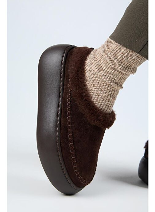 Manijero (Bazin Kürklü) Kadın Hakiki Deri Sabo Kürklü Platform Kahve Terlik - Görsel 6