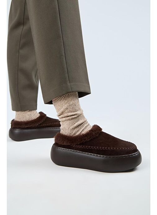 Manijero (Bazin Kürklü) Kadın Hakiki Deri Sabo Kürklü Platform Kahve Terlik - Görsel 7