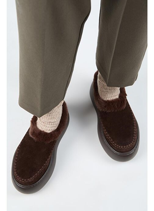 Manijero (Bazin Kürklü) Kadın Hakiki Deri Sabo Kürklü Platform Kahve Terlik - Görsel 8