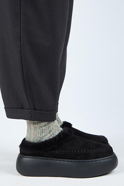 Manijero (Bazin Kürklü) Kadın Hakiki Deri Sabo Kürklü Platform Siyah Terlik - Görsel 2