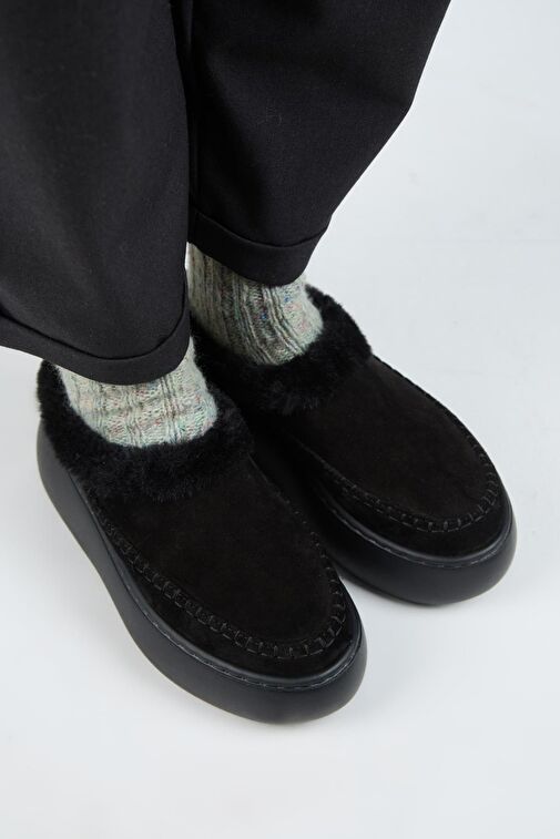 Manijero (Bazin Kürklü) Kadın Hakiki Deri Sabo Kürklü Platform Siyah Terlik - Görsel 3