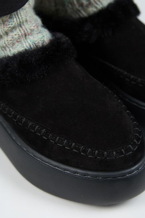 Manijero (Bazin Kürklü) Kadın Hakiki Deri Sabo Kürklü Platform Siyah Terlik - Görsel 4