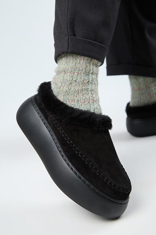 Manijero (Bazin Kürklü) Kadın Hakiki Deri Sabo Kürklü Platform Siyah Terlik - Görsel 5