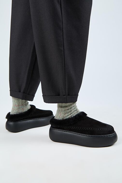 Manijero (Bazin Kürklü) Kadın Hakiki Deri Sabo Kürklü Platform Siyah Terlik - Görsel 6