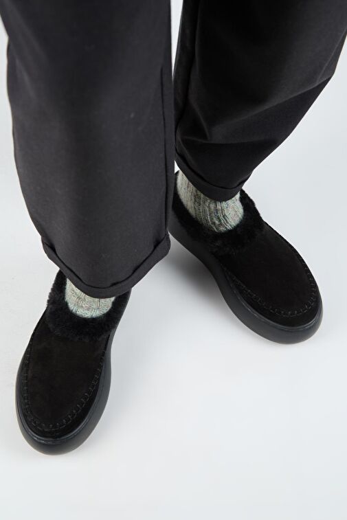 Manijero (Bazin Kürklü) Kadın Hakiki Deri Sabo Kürklü Platform Siyah Terlik - Görsel 7