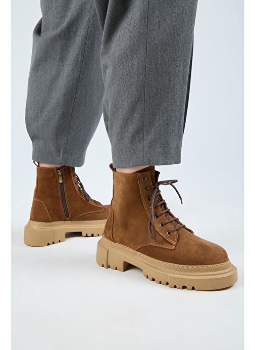 Manijero (Dilzar) Kadın Hakiki Deri Bağcıklı İçten Fermuarlı Taba Bot - Görsel 2