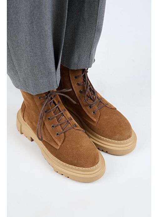 Manijero (Dilzar) Kadın Hakiki Deri Bağcıklı İçten Fermuarlı Taba Bot - Görsel 4