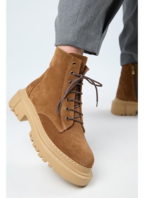 Manijero (Dilzar) Kadın Hakiki Deri Bağcıklı İçten Fermuarlı Taba Bot - Görsel 6