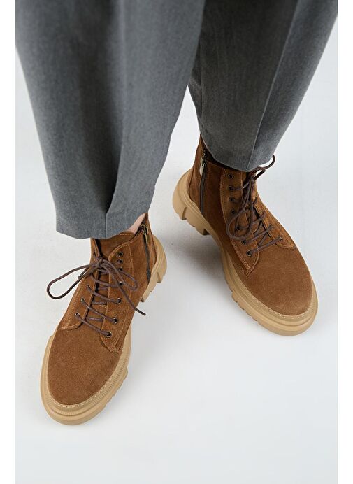 Manijero (Dilzar) Kadın Hakiki Deri Bağcıklı İçten Fermuarlı Taba Bot - Görsel 7