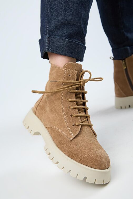 Manijero (Viyan) Kadın Hakiki Deri Bağcıklı İçten Fermuarlı Kum Bot - Görsel 2