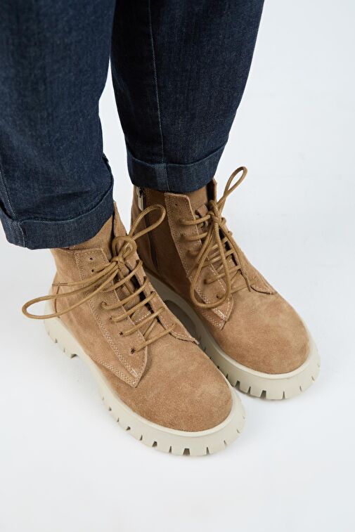 Manijero (Viyan) Kadın Hakiki Deri Bağcıklı İçten Fermuarlı Kum Bot - Görsel 4