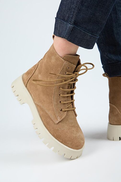 Manijero (Viyan) Kadın Hakiki Deri Bağcıklı İçten Fermuarlı Kum Bot - Görsel 6