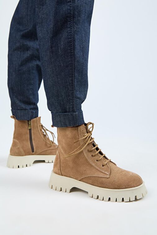 Manijero (Viyan) Kadın Hakiki Deri Bağcıklı İçten Fermuarlı Kum Bot - Görsel 7