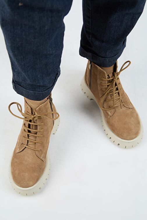 Manijero (Viyan) Kadın Hakiki Deri Bağcıklı İçten Fermuarlı Kum Bot - Görsel 8