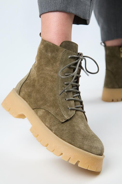 Manijero (Viyan) Kadın Hakiki Deri Bağcıklı İçten Fermuarlı Haki Bot - Görsel 2