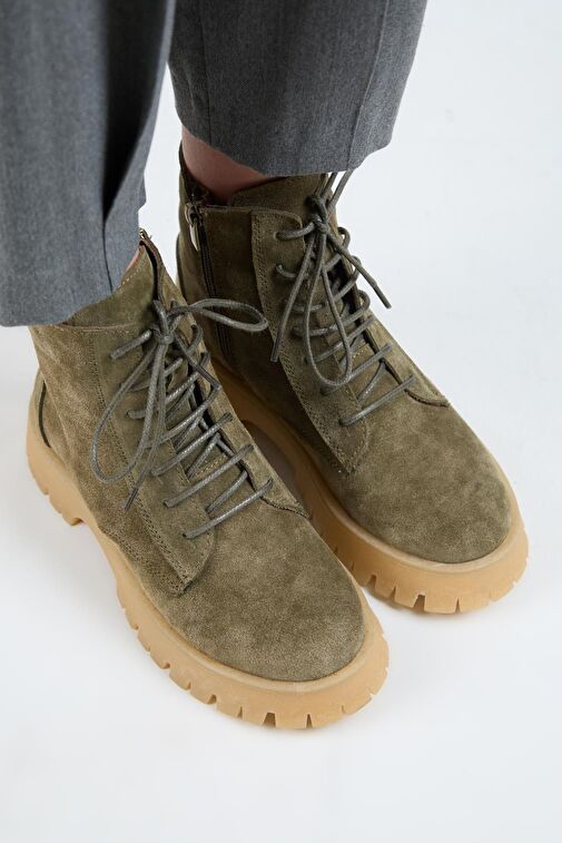 Manijero (Viyan) Kadın Hakiki Deri Bağcıklı İçten Fermuarlı Haki Bot - Görsel 4