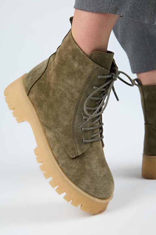 Manijero (Viyan) Kadın Hakiki Deri Bağcıklı İçten Fermuarlı Haki Bot - Görsel 6