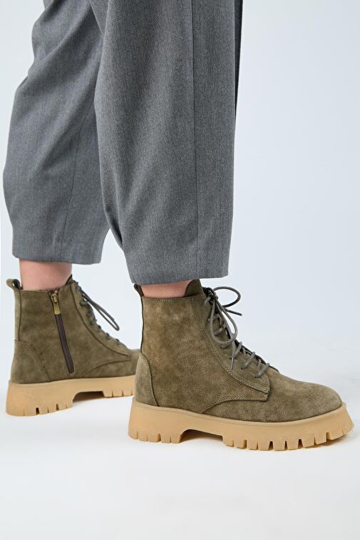 Manijero (Viyan) Kadın Hakiki Deri Bağcıklı İçten Fermuarlı Haki Bot - Görsel 7