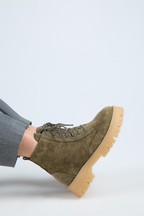 Manijero (Viyan) Kadın Hakiki Deri Bağcıklı İçten Fermuarlı Haki Bot - Görsel 8