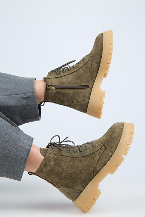 Manijero (Viyan) Kadın Hakiki Deri Bağcıklı İçten Fermuarlı Haki Bot - Görsel 9