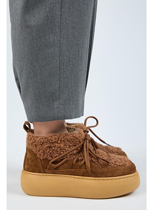 Manijero (Eleni) Kadın Hakiki Deri İçi Kürklü Mini Tedy Detaylı Taba Bot - Görsel 3