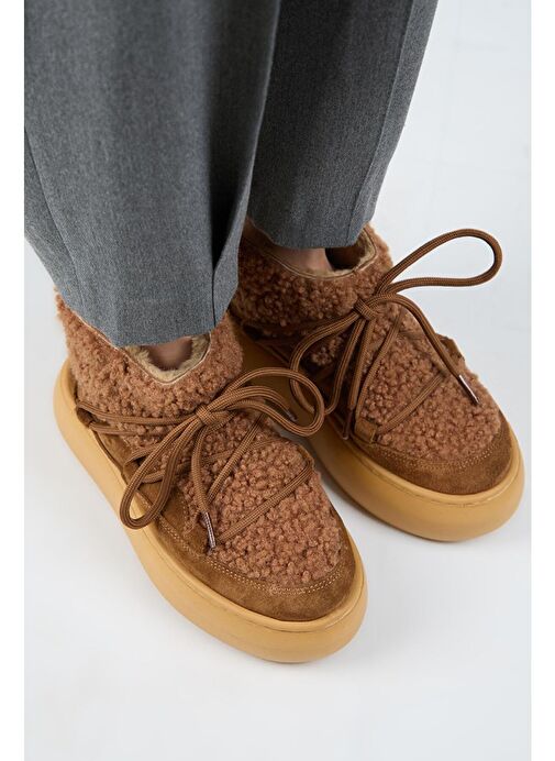 Manijero (Eleni) Kadın Hakiki Deri İçi Kürklü Mini Tedy Detaylı Taba Bot - Görsel 4