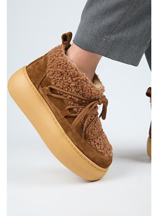 Manijero (Eleni) Kadın Hakiki Deri İçi Kürklü Mini Tedy Detaylı Taba Bot - Görsel 6