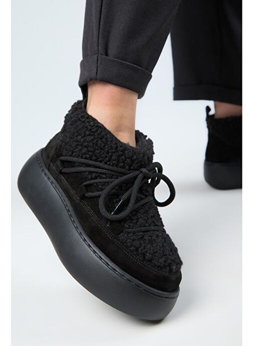 Manijero (Eleni) Kadın Hakiki Deri İçi Kürklü Mini Tedy Detaylı Siyah Bot - Görsel 2