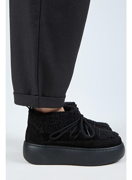 Manijero (Eleni) Kadın Hakiki Deri İçi Kürklü Mini Tedy Detaylı Siyah Bot - Görsel 3