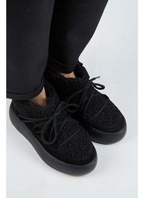 Manijero (Eleni) Kadın Hakiki Deri İçi Kürklü Mini Tedy Detaylı Siyah Bot - Görsel 4